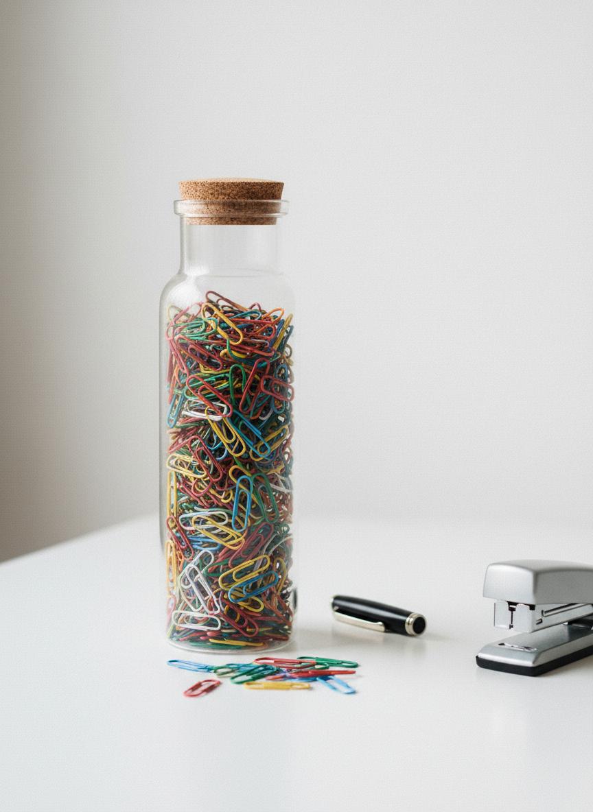 Colorful paper clips in glass jar